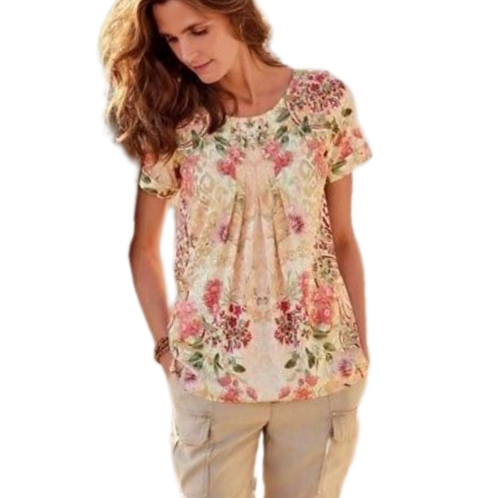 Soft Surroundings Cusabo Top Floral Blouse Women's Large Boho Leopard Pleated